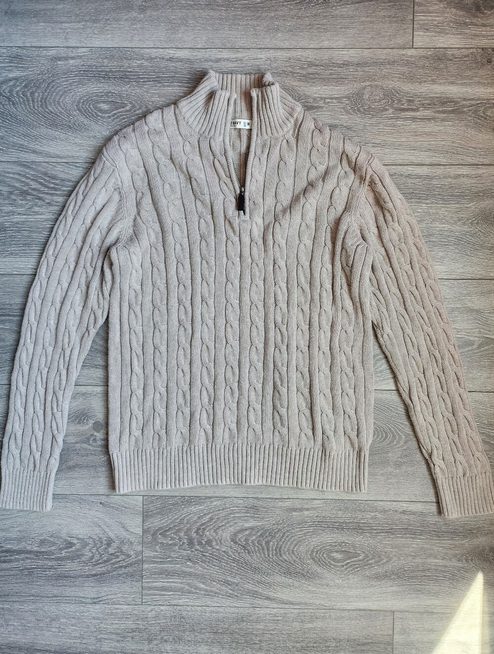 Men's Cable Knit Quarter Zip Sweater - Beige Tan Size Medium Cotton